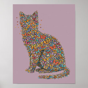 Colorful Butterfly Cat Silhouette Art   Cat Lover Poster
