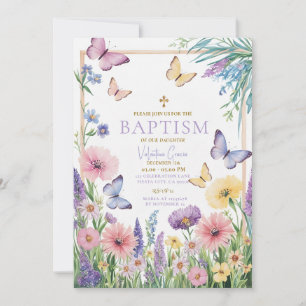 Colorful Butterfly Girl Baptism Gold Cross Flowers Invitation
