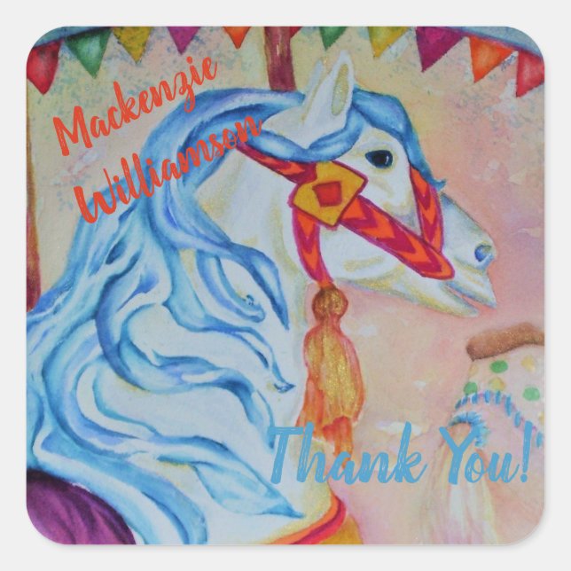 COLORFUL CAROUSEL HORSE THANK YOU SQUARE STICKER (Front)