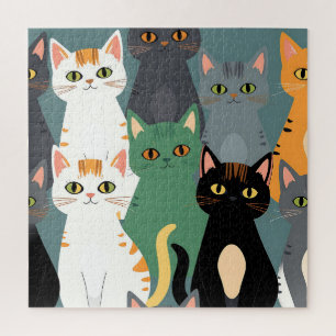 Colorful Cartoon Cat Crowd Pattern Jigsaw Puzzle