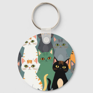 Colorful Cartoon Cat Crowd Pattern Key Ring