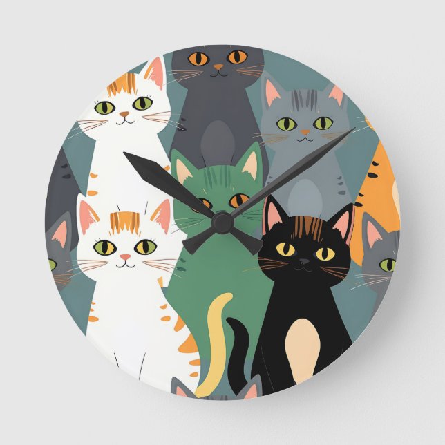 Colorful Cartoon Cat Crowd Pattern Round Clock (Front)