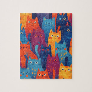 Colorful Cartoon Cat Pattern Cute Whimsical Cat Jigsaw Puzzle