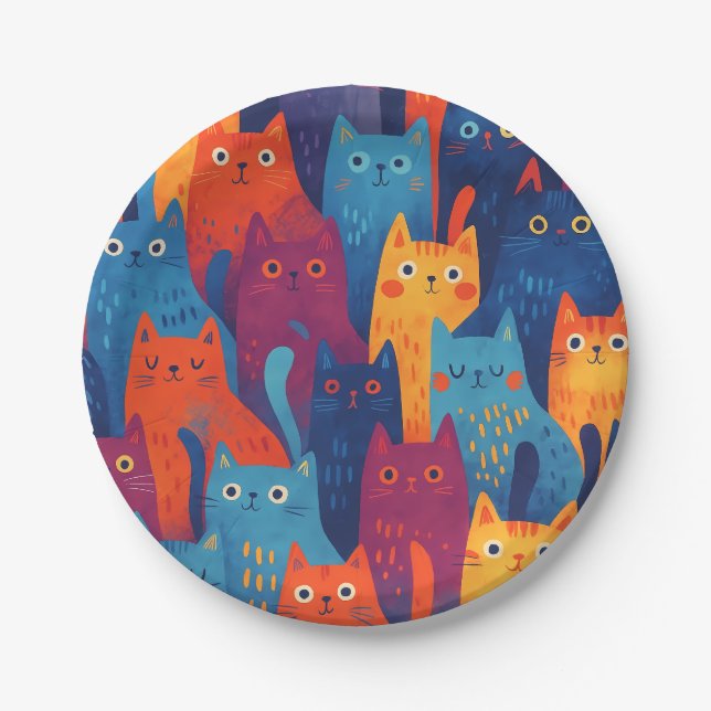 Colorful Cartoon Cat Pattern | Cute Whimsical Cat  Paper Plate (Front)