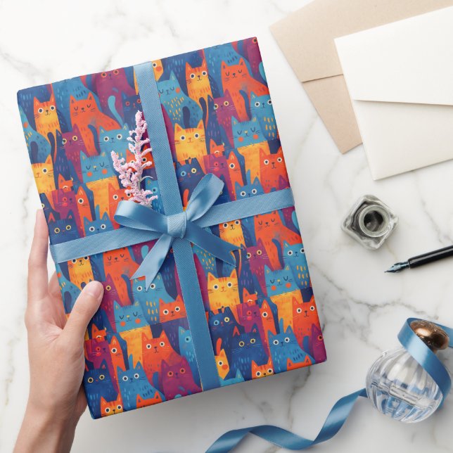 Colorful Cartoon Cat Pattern | Cute Whimsical   Wrapping Paper (Gifting)