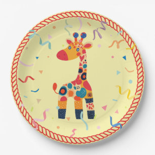 Colorful Cartoon Giraffe with Confetti Paper Plate