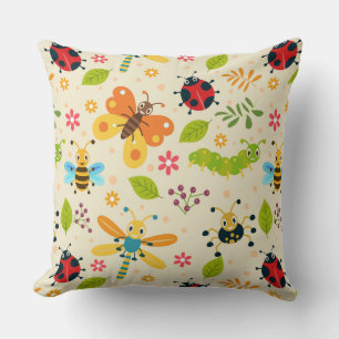 Colorful Cartoon Insects With Flowers and Leaves Cushion