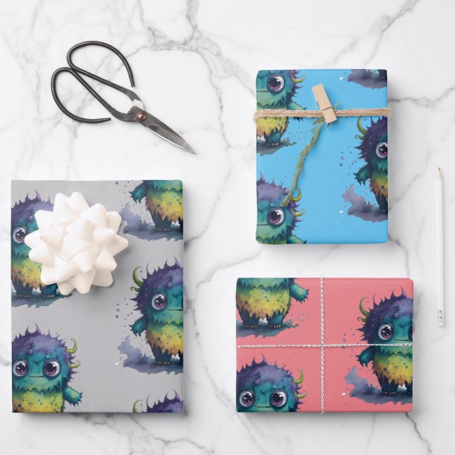 Colorful Cartoon Monster Design Wrapping Paper Sheet (Front)