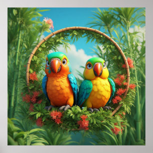 Colorful Cartoon Parrots Poster