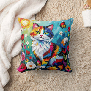 Colorful Cat and Butterfly Cushion