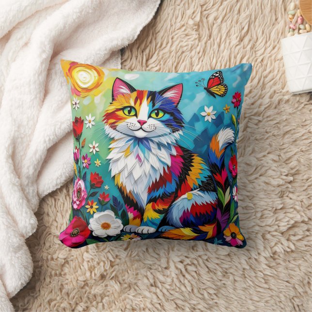 Colorful Cat and Butterfly Cushion (Blanket)