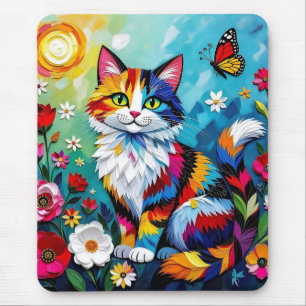 Colorful Cat and Butterfly Mouse Mat