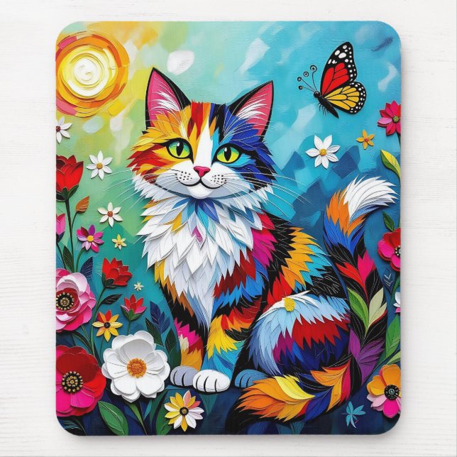 Colorful Cat and Butterfly Mouse Mat (Front)