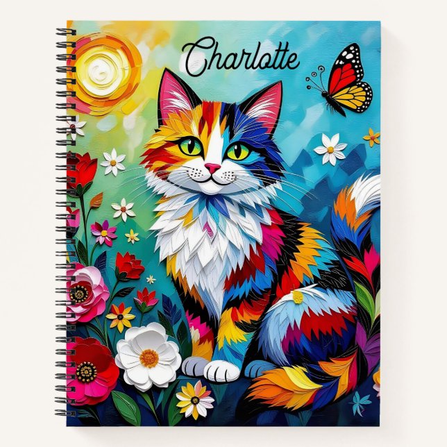 Colorful Cat and Butterfly Personalized Notebook (Front)