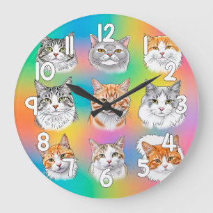 Colorful Cat Faces Wall Clock Fun Pet Decor