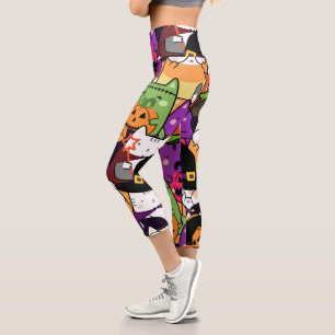 Colorful cat in halloween costume pattern capri leggings