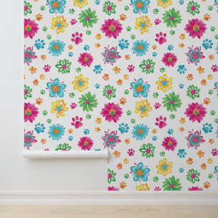 Colorful Cat Paw and Flower Pattern Wallpaper