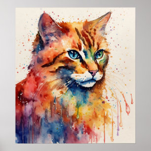 Colorful Cat Silhouette Watercolor Wall Poster