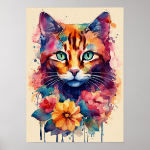 Colorful Cat Silhouette Watercolor Wall Poster