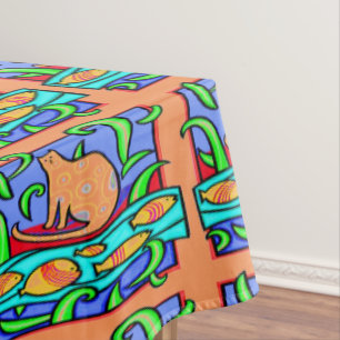 COLORFUL CAT WATCHING FISH ART PRINT TABLE CLOTH