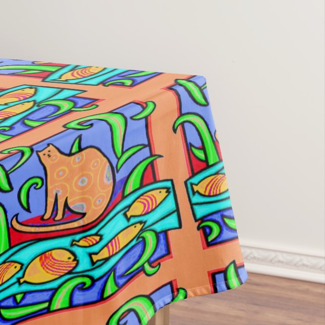 COLORFUL CAT WATCHING FISH ART PRINT TABLE CLOTH (In Situ)