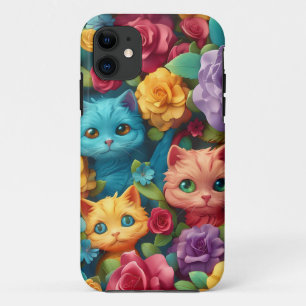 Colorful cats and flowers cute design iPhone 11 case