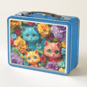 Colorful cats and flowers cute design metal lunch box