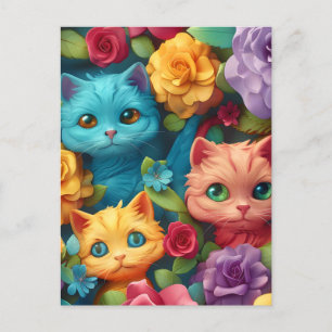 Colorful cats and flowers cute design postcard
