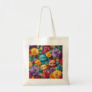 Colorful cats and flowers cute design tote bag
