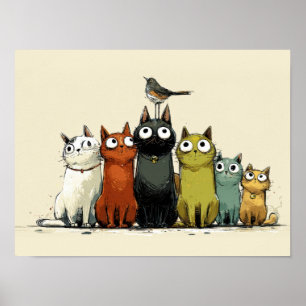 Colorful Cats Group – Cute Whimsical Cat Art Poster