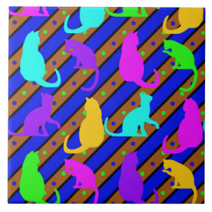 Colorful Cats stripes and polkadots Animal art Tile