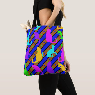 Colorful Cats stripes and polkadots Animal art Tote Bag
