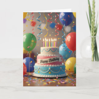 Colorful Celebration Cake & Balloons Birthday Card