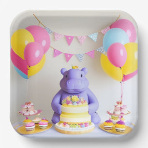 Colorful Celebration with Adorable Hippo Paper Plate