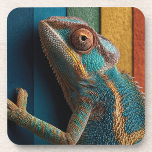 Colorful Chameleon on Rainbow Background Coaster