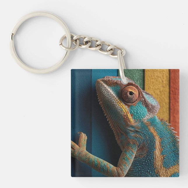 Colorful Chameleon on Rainbow Background Key Ring (Front)