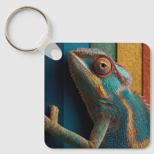 Colorful Chameleon on Rainbow Background Key Ring