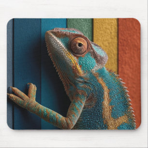 Colorful Chameleon on Rainbow Background Mouse Mat
