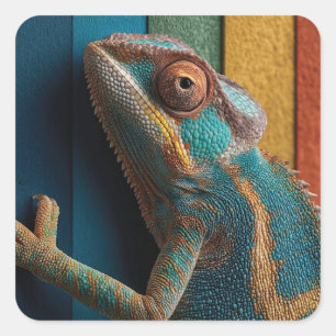 Colorful Chameleon on Rainbow Background Square Sticker