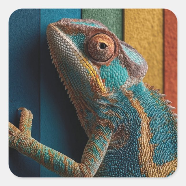 Colorful Chameleon on Rainbow Background Square Sticker (Front)