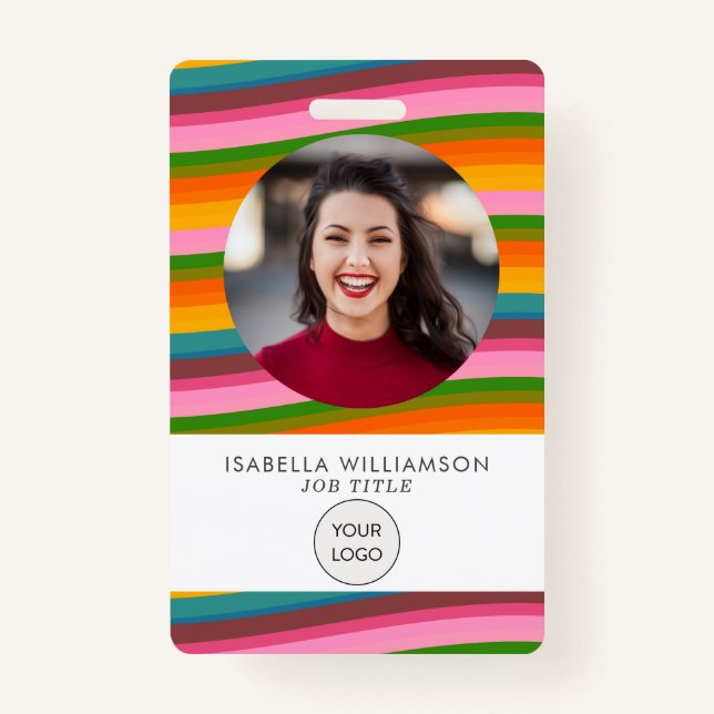Colorful Cheerful Bright Rainbow Wave Photo ID ID Badge (Front)