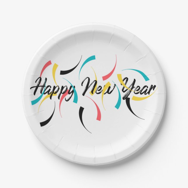 Colorful, cheerful design of "Happy New Year" Paper Plate (Front)