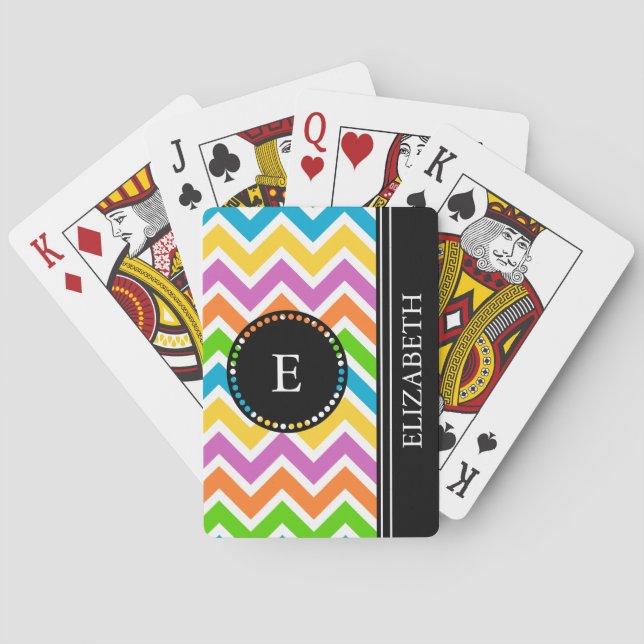 Colorful Chevron Black Monogram Name Custom Playing Cards (Back)