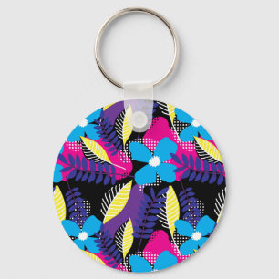 Colorful Chic Floral & Dot Pattern with Leaves Key Ring