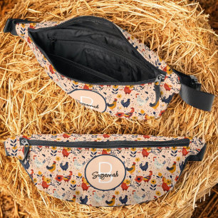 Colorful Chicken Art Pattern with Initial Monogram Bum Bags