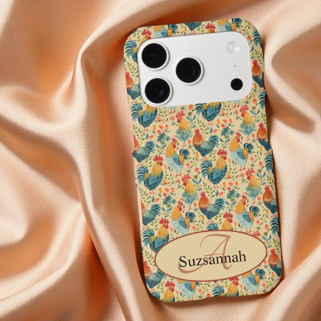 Colorful Chicken Pattern Initial Monogram  (iPhone chicken art pattern with initial monogram and name template text)