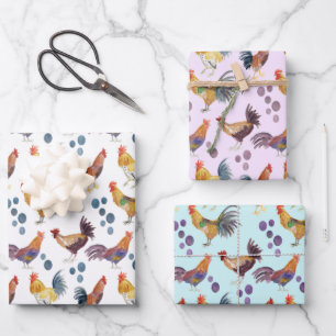 Colorful Chickens & Eggs Watercolor Pattern Set of Wrapping Paper Sheet