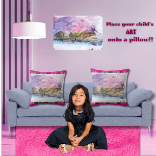 Colorful Child's Artwork Mountain Lake at Sunset Cushion