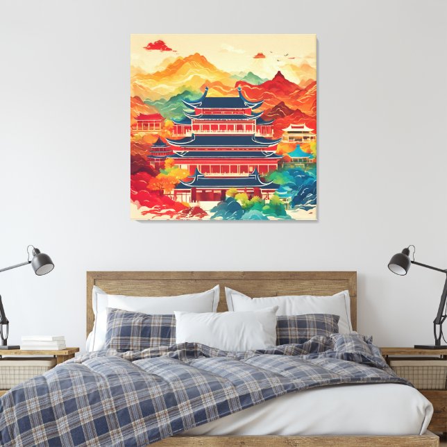 Colorful China temple AI art  Canvas Print (Insitu(Bedroom))