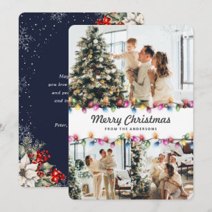 Colorful Christmas Lights Blue Botanical Photo Holiday Card